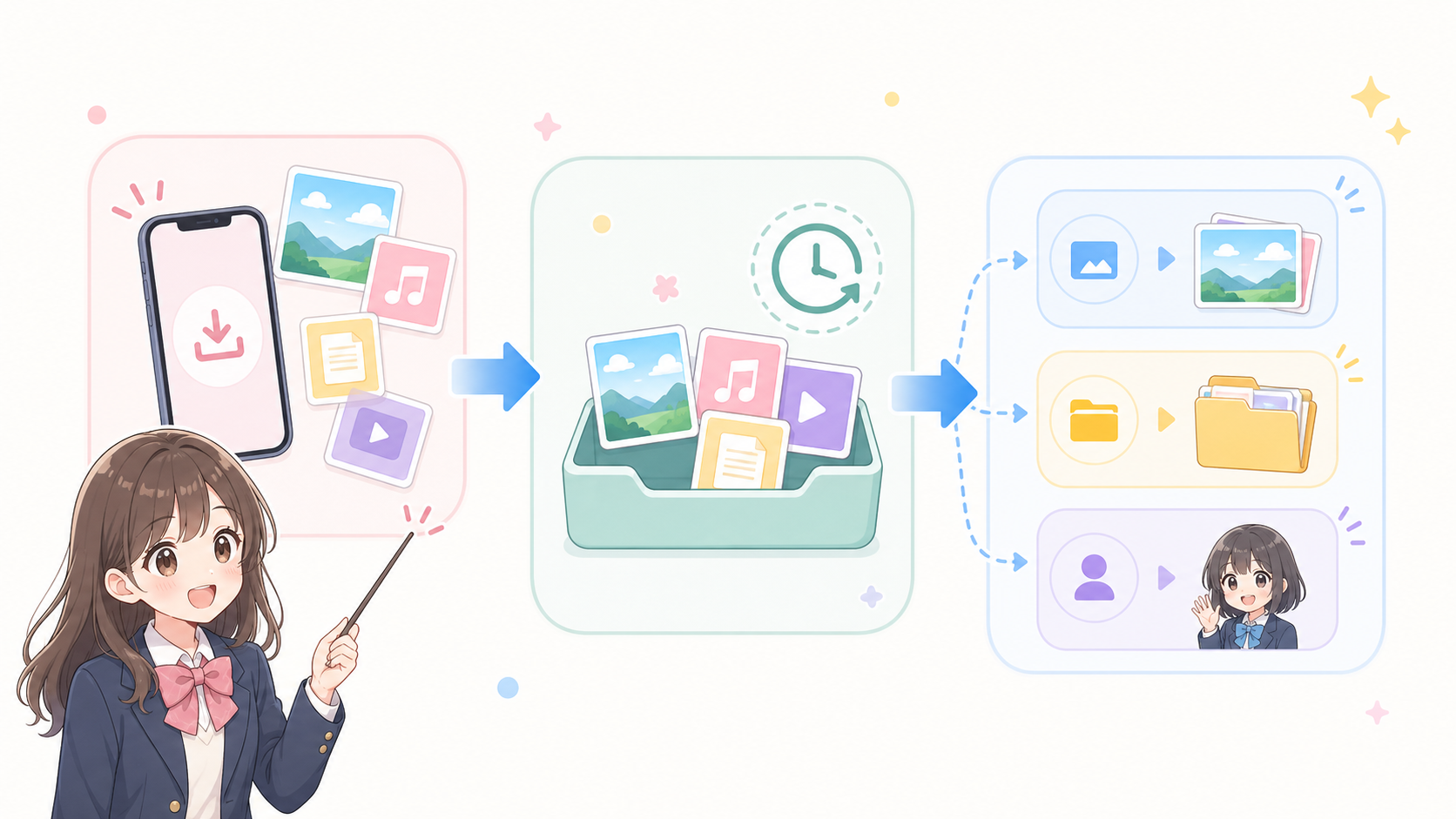 受信ファイルを受信箱であとから整理し、ギャラリー保存、フォルダ保存、別の人への転送へ分ける説明イラスト